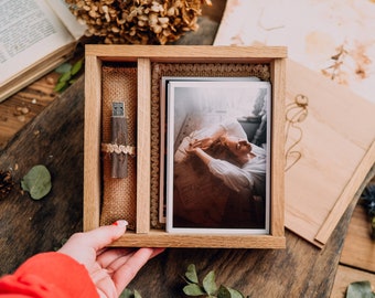 Boîte en bois 4 x 6, rembourrage en jute, stockage de photos, lecteur flash 3.0, cadeau de mariage