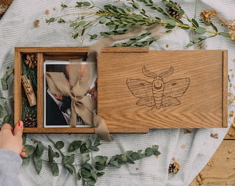 Boîte en bois de chêne pour impressions 6 x 9, emballage USB, cadeau de mariage, emballage de photographie, photo souvenir