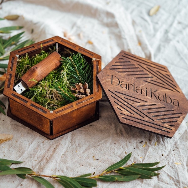 Boîte USB hexagonale pour USB, emballage USB en bois avec gravure, petite boîte en bois, fournisseur de photographe, présent client, cadeau de mariage