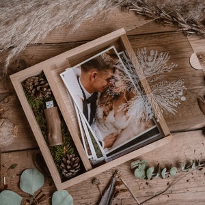 Boîte photo en verre 4 x 6, emballage en bois de chêne, clé USB en bois, bohème, décoration d'intérieur