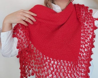 Red large warm cashmere scarf, handmade