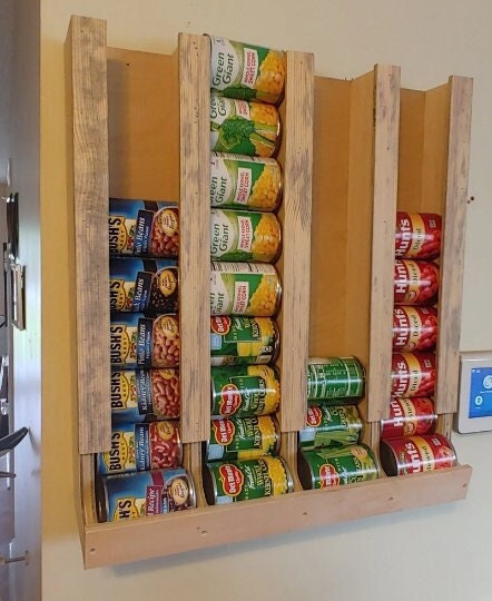 Brown Wood and Acrylic Wall Mounted or Tabletop Stacking Can Organizer  Dispenser Rack, Holds 12 Canned Food or Soda Cans