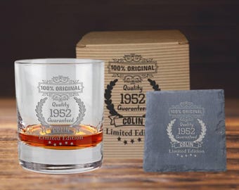 Custom Engraved Whiskey Glass & free Slate Coaster - Personalized Gift