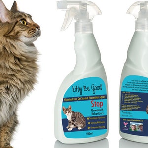 Kitty Be Good Cat Scratching Repellent Spray. Stop cat scratching furniture, wallpaper and carpets. All natural ingredients 500ml spray