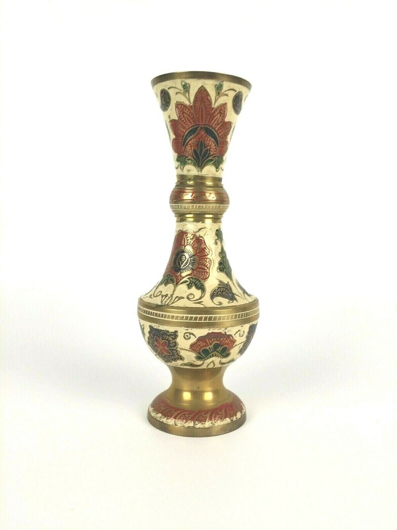 Vintage Hand Painted Brass Vase Etsy