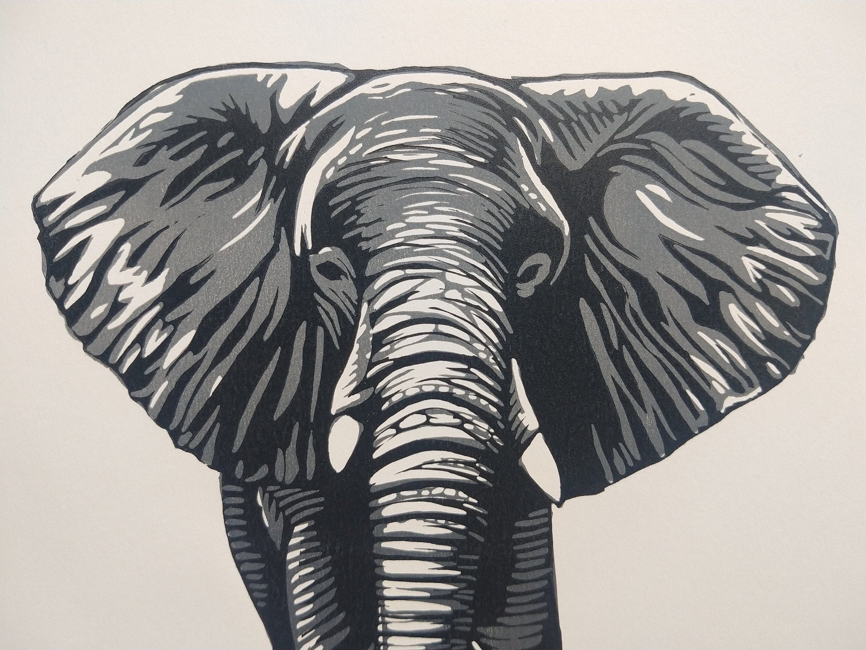 Elephant Lino Print, Two Layers Gradient Relief Print 