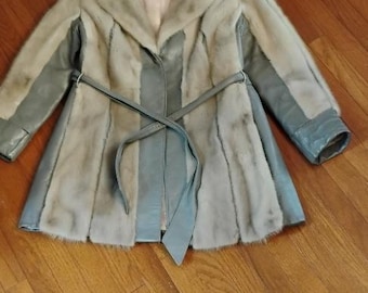 Mink fur and leather gray woman's vintage wrap coat with leather belt