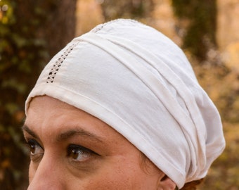 Hand embroidered 13th to 15th century St. Brigitta cap, made of white linen