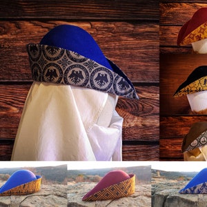 Bycocket, Medieval Wool Felt Cap with Lined Brim in cotton fabric, Robin Hood Style