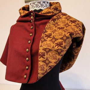 14th century medieval liripipe hood made of wool and printed cotton lining.