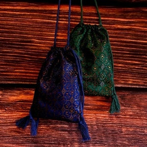 Medieval drawstring purse, alms purse, machine sewn, made of silk brocade