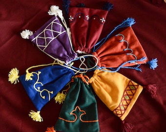 Medieval hand embroidered purse, alms bag, hand-sewn, made of wool