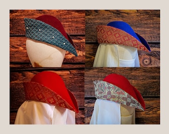 Bycocket, gorra medieval de fieltro de lana con visera forrada en tejido brocado, estilo Robin Hood