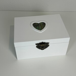 Hand-painted Wood-burned Heart White Jewelry Keepsake Box 8.5x6.5x4.5 in Teal