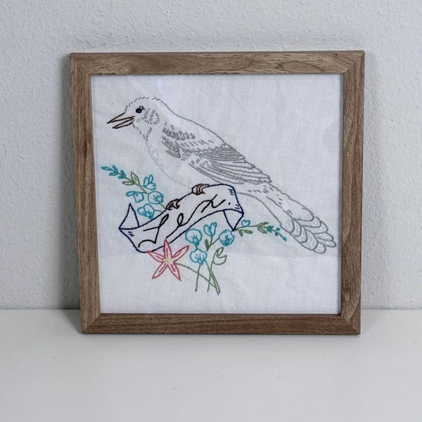 Pájaro y flor del estado de Texas bordados a mano, vintage, enmarcados, 23 x 23 cm