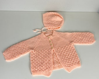 VTG Hand-Knit Pink Baby Sweater & Bonnet Set, 1970s