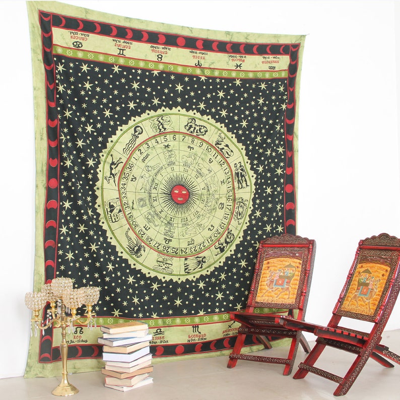 Zodiac Astrology Hippie Tapestry Wall Hanging Bedspread Blanket Decor Black
