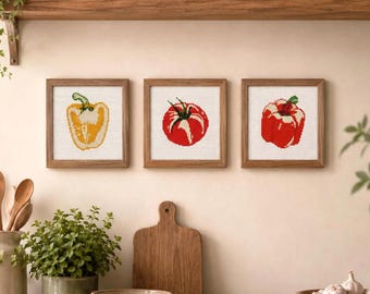 Mini Vegetable Cross Stitch Pattern Set, Bell Pepper Tomato Kitchen Decor Bundle, Beginner Food Embroidery, Instant Download PDF x3