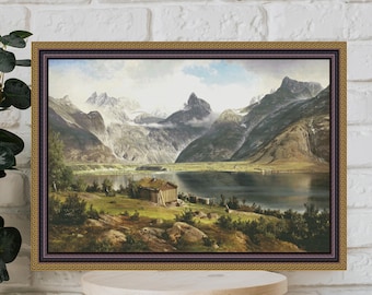 Cabin by Lake Cross Stitch Pattern: Mountain Landscape (PDF Download)