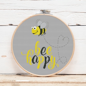 Cross stitch pattern Bee happy Cute cross stitch bee Nursery cross stitch decor Printable PDF Instant download