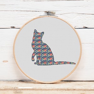 Cat Silhouette Cross Stitch Pattern: Floral Animal Embroidery (PDF)