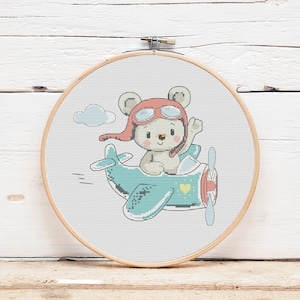 Bear cross stitch pattern Pilot on a plane Cute nursery cross stitch Ukrainian embroidery Counted cross stitch Digital file pdf