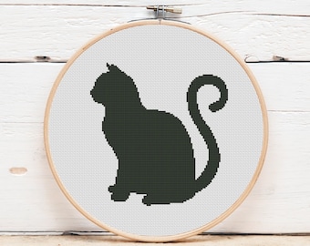Black Cat Cross Stitch Pattern: Halloween Silhouette (PDF)