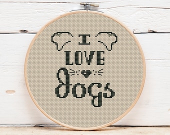 Dog Cross Stitch Pattern: I Love Dogs, Beginner Animal Design (PDF)