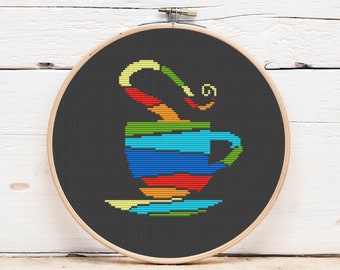 Coffee Cup Cross Stitch Pattern: Colorful Kitchen Decor (PDF Digital File)