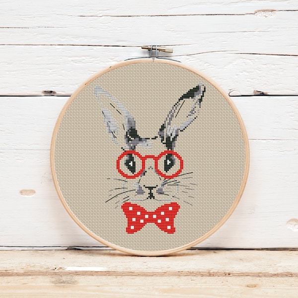 Rabbit cross stitch pattern Hipster hare in red glasses Modern Easter bunny Instant download pdf
