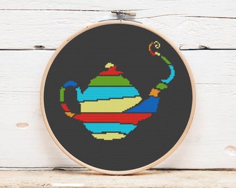 Teapot Cross Stitch Pattern: Colorful Kitchen Decor (PDF)