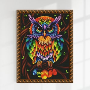 Owl cross stitch pattern Colorful bird embroidery Large cross stitch picture Modern cross stitch Instant download Digital format PDF