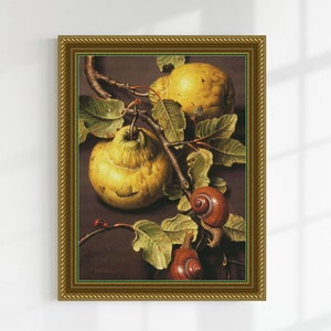 May include: A still life painting of three yellow quince fruits on a branch with green leaves and two brown snails. The painting is framed in a gold frame.
