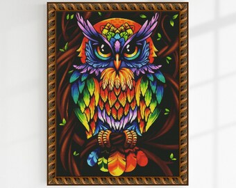 Kruissteekpatroon kleurrijke uil: modern vogelborduurwerk (pdf)