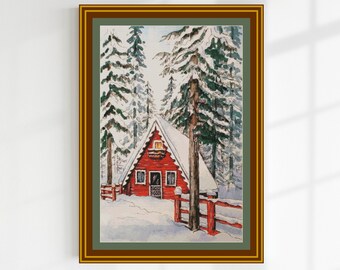 Winter landscape cross stitch pattern, Snowy forest, Winter House in the Forest, Christmas house, Counted cross stitch, Instant download PDF