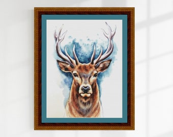 Modèle de point de croix aquarelle de cerf : portrait d'animal (téléchargement numérique)