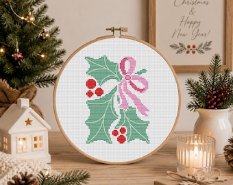 Christmas Holly Berries Leaves cross stitch pattern, Modern New Year Cross Stitch Design for beginners