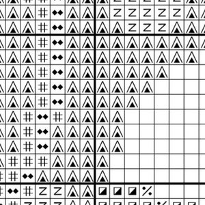 May include: Black and white cross stitch pattern featuring a range of symbols, including arrows, triangles, and letters.