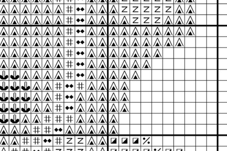 May include: Black and white cross stitch pattern featuring a range of symbols, including arrows, triangles, and letters.