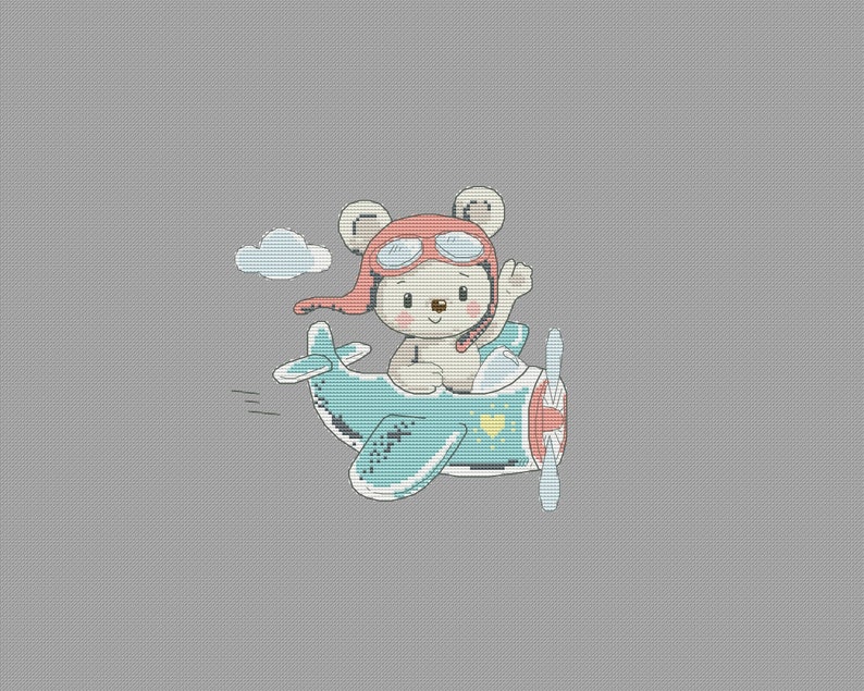 May include: A cute cartoon bear wearing a red pilot's hat and goggles flies a blue aeroplane with a yellow heart on the side. The bear is waving with its right paw.