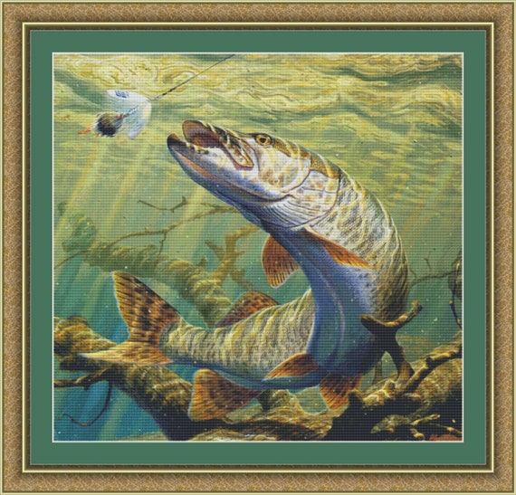 Fish Cross Stitch Pattern Fishing Pike Embroidery Underwater World.