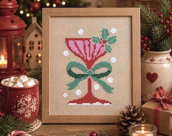 Christmas Wine Glass Cross Stitch Pattern, Modern New Year Cross Stitch Design