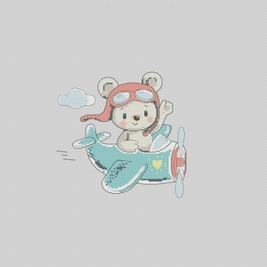 May include: A white teddy bear wearing a red pilot's hat and goggles is flying a blue aeroplane with a yellow heart on the side. The aeroplane has a propeller and a white cloud is in the background.