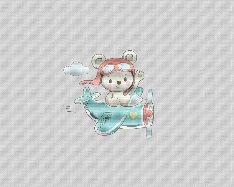 May include: A white teddy bear wearing a red pilot's hat and goggles is flying a blue aeroplane with a yellow heart on the side. The aeroplane has a propeller and a white cloud is in the background.