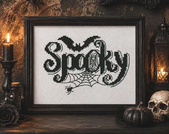 Spooky Cross Stitch Pattern PDF, Halloween Cross Stitch, Gothic Cross Stitch Pattern, Modern Black Cross Stitch, Instant Download PDF