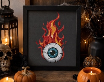 Halloween Eyeball on Fire Cross Stitch Pattern (Digital File PDF)