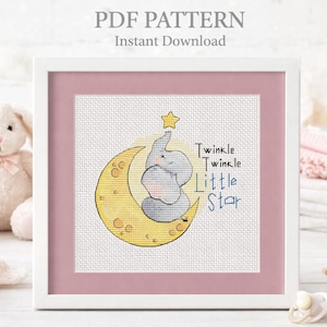 Baby Elephant Moon Cross Stitch Pattern: Nursery Decor, New Baby Gift (Digital file pdf)
