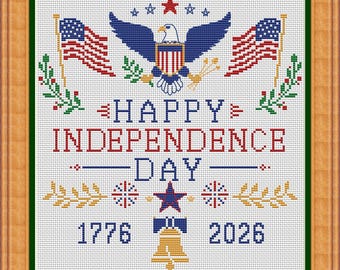 Kruissteekpatroon Independence Day, 4 juli sampler, Amerikaanse vlag Amerikaanse adelaar, pdf 1776-2026 jubileum