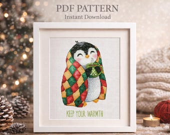 Cozy Penguin Cross Stitch Pattern, Christmas Hygge Design (PDF Pattern)