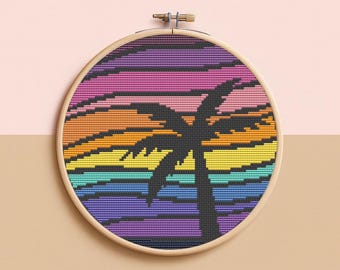 Palmsilhouet kruissteekpatroon: zomerstrand oceaanscène (pdf-patroon)